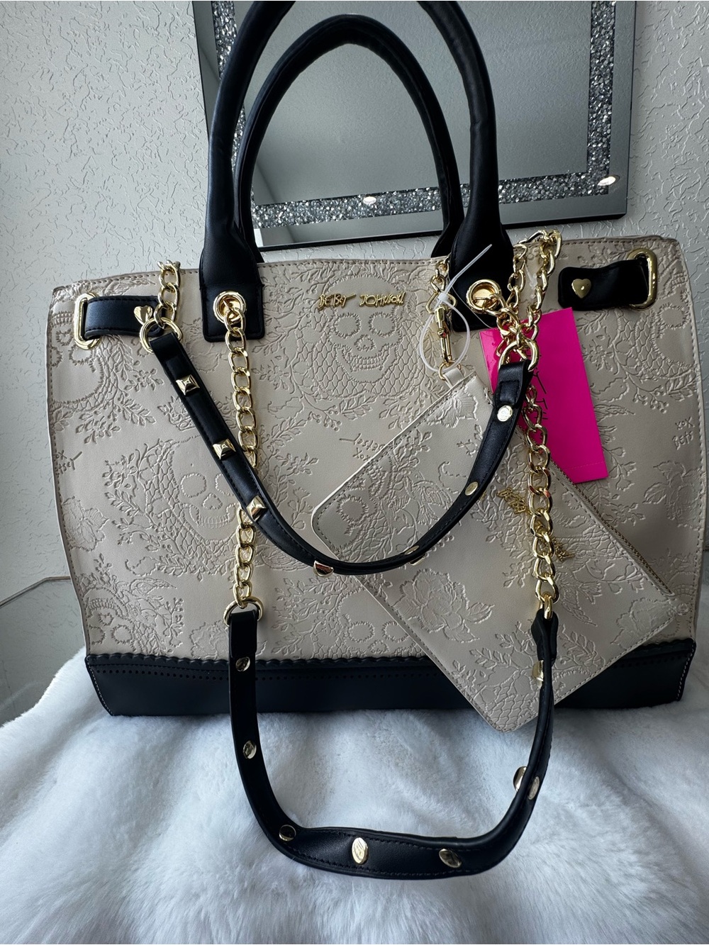 Betsey Johnson Cream/Black Embossed Skull Floral Satchel w/ Pouch Detach Strap